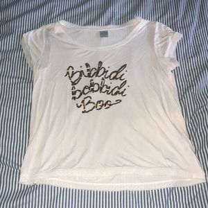 Baby pink and rose gold graphic top.